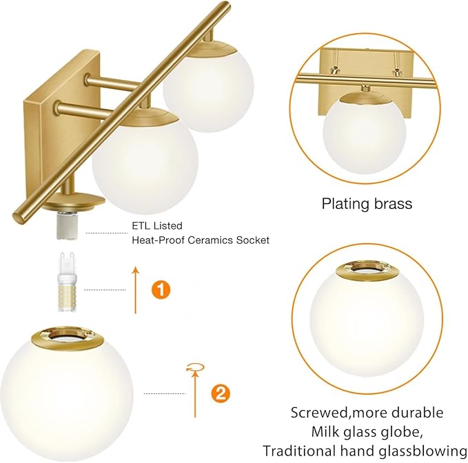 Brushed Brass Bathroom Vanity Light fixtures,24‘’ 3 Lights Modern Globe Glass Shade Wall Sconce for Over Mirror, Damp Rated