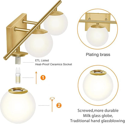 Brushed Brass Bathroom Vanity Light fixtures,24‘’ 3 Lights Modern Globe Glass Shade Wall Sconce for Over Mirror, Damp Rated