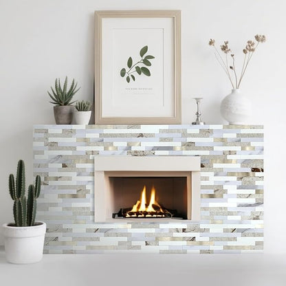 AULIGET 2 Sheets Faux Stone Peel and Stick Backsplash, Beige & White Marble Look PVC Wall Tile Stick on Backsplash for Kitchen and Bathroom