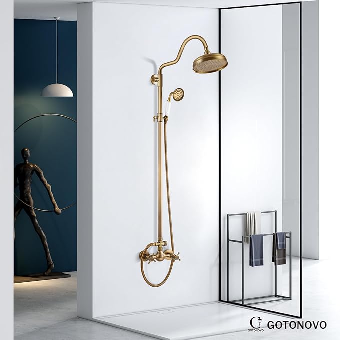 gotonovo Luxury Exposed Shower Faucet Set Bathroom Shower System 8 Inch Wall Mount Rainfall Shower Head with Handheld Spray Cross Double Handle Shower Fixture Adjustable Arc Rod Antique Brass