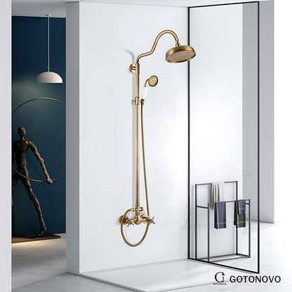 gotonovo Luxury Exposed Shower Faucet Set Bathroom Shower System 8 Inch Wall Mount Rainfall Shower Head with Handheld Spray Cross Double Handle Shower Fixture Adjustable Arc Rod Antique Brass