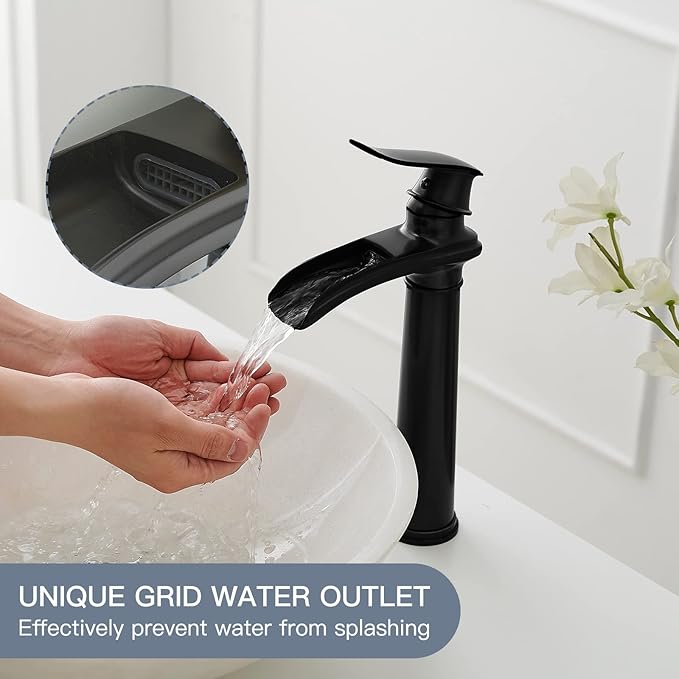BWE Vessel Sink Faucet Waterfall Matte Black Bathroom Faucets Single Hole Single Handle Bathroom Sink Faucet Tall Vessel Faucet with Pop Up Drain and Water Supply Line