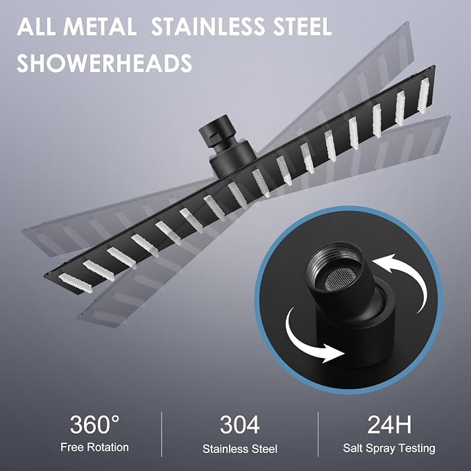 16 inch Matte Black Large Rain Shower Head - All Metal 304 Stainless Steel, Full Body Rainfall Shower with 324 Silicone Nozzles - Waterfall Bathroom Square Showerheads, Ceiling Mounted