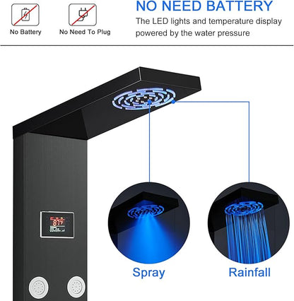 LED Rainfall Shower Tower System, Stainless Steel Hydroelectric Shower Panel Tower System (No battery need) with 6 Pcs Body Jets, Black
