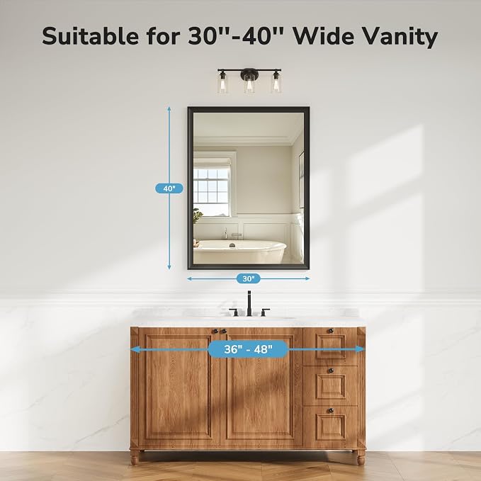 30x40 Inch Black Bathroom Mirrors for Over Sink | Rectangle Vanity Wall Mirror for Bedroom, Entryway, Living Room Decor, Aluminum Framed, Curved Wide Edge, Anti-Rust