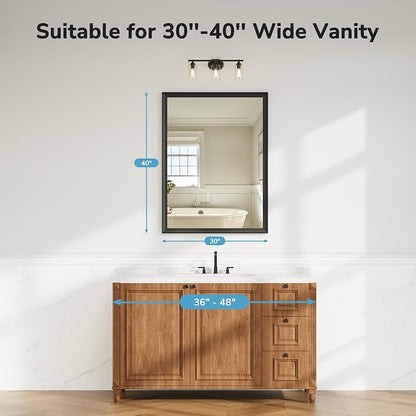 30x40 Inch Black Bathroom Mirrors for Over Sink | Rectangle Vanity Wall Mirror for Bedroom, Entryway, Living Room Decor, Aluminum Framed, Curved Wide Edge, Anti-Rust