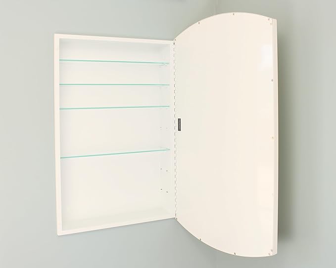 Fox Hollow Furnishings 20x30 Harper Crescent Metal Framed Rectangle Recessed Bathroom Medicine Cabinet, Arced Mirror, 14x18 in-Wall Opening, Adjustable Glass Shelves, Magnet Close, White