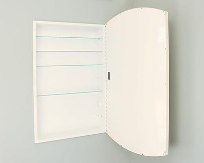 Fox Hollow Furnishings 20x30 Harper Crescent Metal Framed Rectangle Recessed Bathroom Medicine Cabinet, Arced Mirror, 14x18 in-Wall Opening, Adjustable Glass Shelves, Magnet Close, White