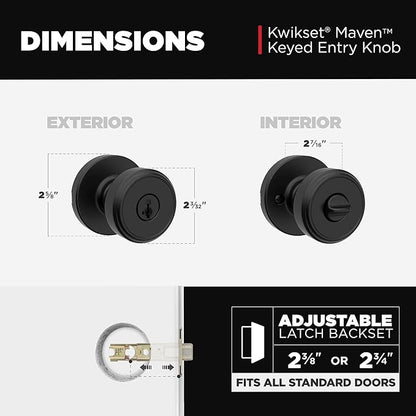 Kwikset Maven Entry Door Knob with Lock and Key, Secure Keyed Handle Exterior, Front Entrance and Bedroom, Matte Black, 10 Pack, Pick Resistant SmartKey Rekey Security and Microban