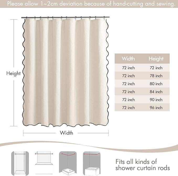 MIULEE Cream White Extra Long Scalloped Linen Shower Curtain 72x80 Inches | Linen Textured, Waterproof, Washable, 12 Metal Hooks, Heavy Duty Cloth, Black Border, Shower Curtain for Bathroom Bathtub