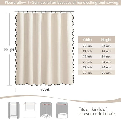 MIULEE Cream White Extra Long Scalloped Linen Shower Curtain 72x80 Inches | Linen Textured, Waterproof, Washable, 12 Metal Hooks, Heavy Duty Cloth, Black Border, Shower Curtain for Bathroom Bathtub