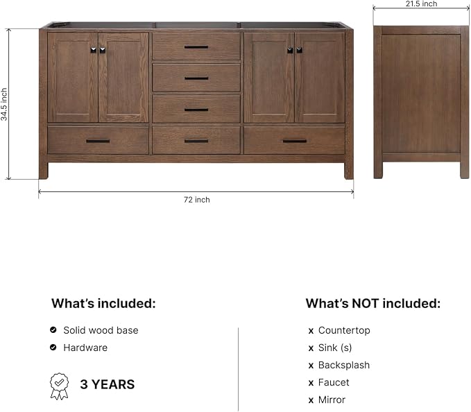 ARIEL Cambridge 72-inch Bathroom Vanity Base Cabinet,Solid Wood, 4 Soft Closing Doors, 6 Dovetail Drawers, Brown Oak