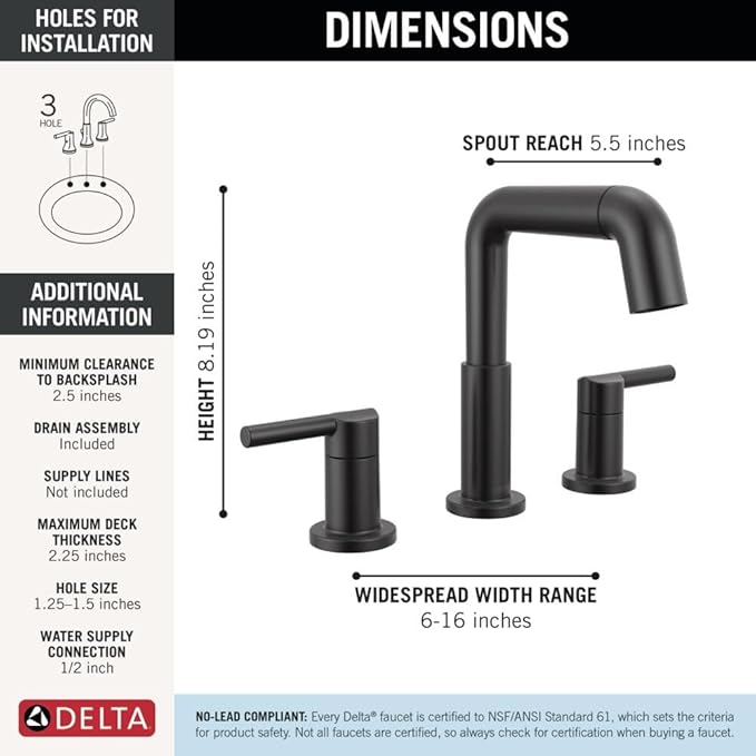 Delta Nicoli Matte Black Bathroom Faucet with Sprayer, 8 Inch 3 Hole Widespread Bathroom Sink Faucet with Pull Out Sprayer, Push-Pop Drain, Matte Black 35849LF-BLPD