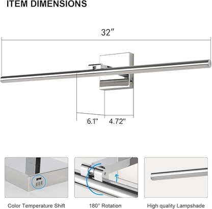 LED Bathroom Vanity Light, Modern Bathroom Light Fixture Over Mirror (3000K/4000K/6000K, Dimmable), Vanity Light Bar with Angle Adjustable, 32 Inch, Chrome