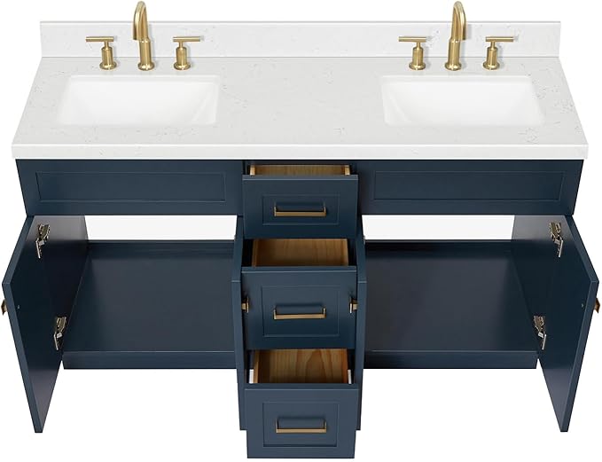 ARIEL Hamlet 60-inch Bathroom Vanity with Sink,Solid Wood, 1.5-inch Carrara White Quartz Countertop, Double Rectangular Porcelain Sink, 4 Soft Closing Doors, 3 Dovetail Drawers, Midnight Blue