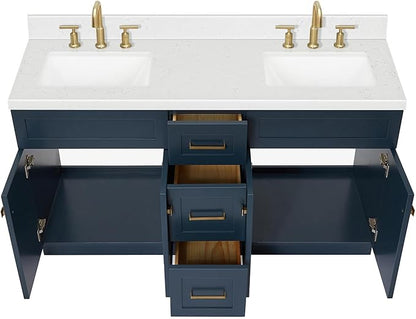 ARIEL Hamlet 60-inch Bathroom Vanity with Sink,Solid Wood, 1.5-inch Carrara White Quartz Countertop, Double Rectangular Porcelain Sink, 4 Soft Closing Doors, 3 Dovetail Drawers, Midnight Blue