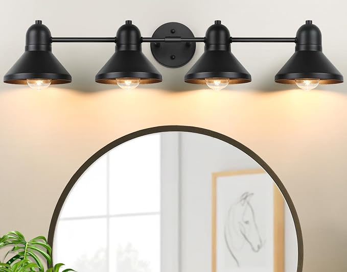 Bairth Bathroom Light Fixtures,4-Light Black Metal Vanity Light Over Mirror | Farmhouse Rustic Industrial Bathroom Vanity Light, Modern Bathroom Lights with Metal Shade for Living Room Cabinet Hallway