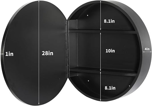 Movo 28 Inch x 28 Inch Bathroom Round Black Aluminum Medicine Cabinet with Mirror, Circular Storage Cabinet Surface Mounted