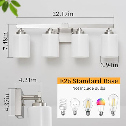 Bathroom Light Fixtures, Vanity Light Over Mirror Nickel 4-Light Fixture | Modern bathroom vanity light fixture with metal frame, ideal for mirrors, bedrooms and hallways. Fits E26 bulbs.
