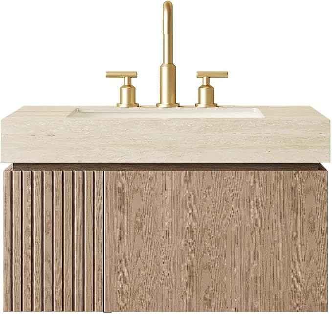 KEIKI 30 Inch Floating Bathroom Vanity with Sink, Light Brown & Beige | Modern Wall Mounted Storage Cabinet w/ Drawer & Door, Pre-assembled Wood Panels, Sintered Stone Top & Ceramic Basin Combo Set