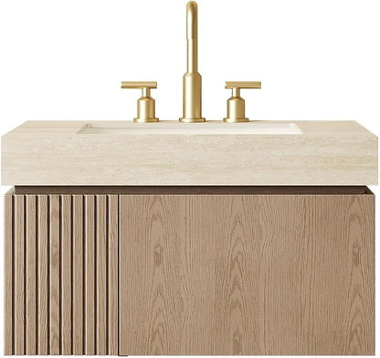 KEIKI 30 Inch Floating Bathroom Vanity with Sink, Light Brown & Beige | Modern Wall Mounted Storage Cabinet w/ Drawer & Door, Pre-assembled Wood Panels, Sintered Stone Top & Ceramic Basin Combo Set
