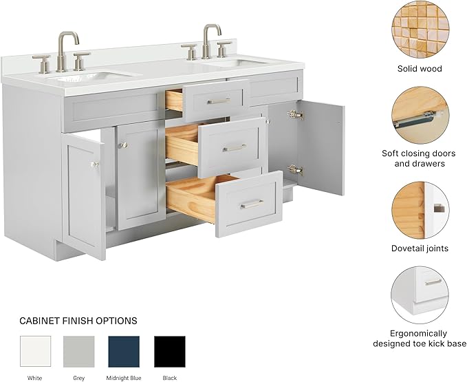 ARIEL Hamlet 72-inch Bathroom Vanity with Sink,Solid Wood, 1.5-inch Pure White Quartz Countertop & Backsplash, Double Rectangular Porcelain Sink, 4 Soft Closing Doors, 3 Dovetail Drawers, Grey