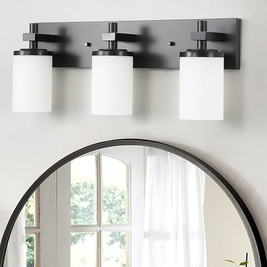 LOUSACE 3 Light Bathroom Vanity Lights Matte Black Bathroom Lighting Fixtures Over Mirror with Opal White Glass Shades, Wall Fixture Vanity Lighting