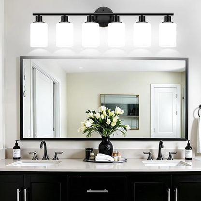 Zarbitta 6-Light Bathroom Light Fixtures, Black Modern Vanity Lights with Milky White Frosted Glass Shades, Bathroom Wall Lamp, for Mirror, Living Room, Kitchen, Hallway, Cabinet, Porch