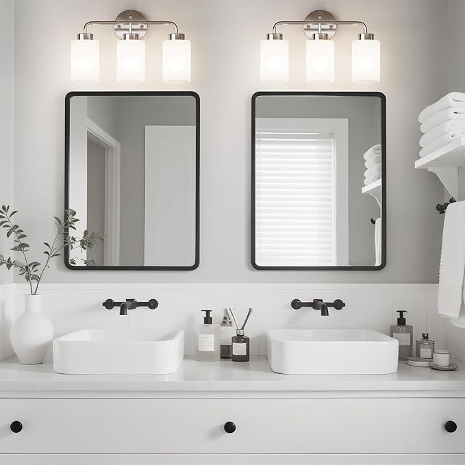 SUNMORY Bathroom Light Fixtures with 3 Stepless Dimmable Bulbs and Remote, 3-Light Modern Vanity Lights with Frosted Glass Shades, Bathroom Wall Lamp for Over Mirror Kitchen Living Room Hallway Porch
