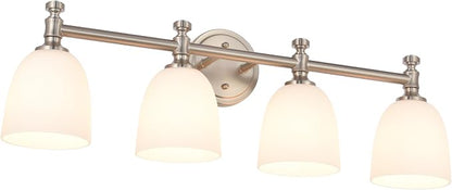 Bathroom Vanity Light, 4-Light Bathroom Light Fixtures Over Mirror, Traditional Vanity Lights for Living Room, Milk White Bell Glass Shades, Standard E26 Base, Brushed Nickel