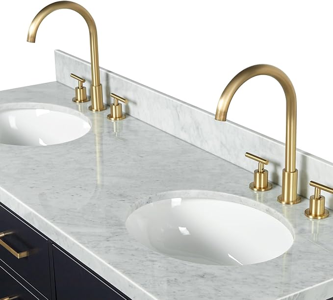 ARIEL Hepburn 72-inch Bathroom Vanity with Sink,Solid Wood, 1.5-inch Italian Carrara Marble Countertop & Backsplash, Double Oval Porcelain Sink, 4 Soft Closing Doors, 6 Dovetail Drawers, Black