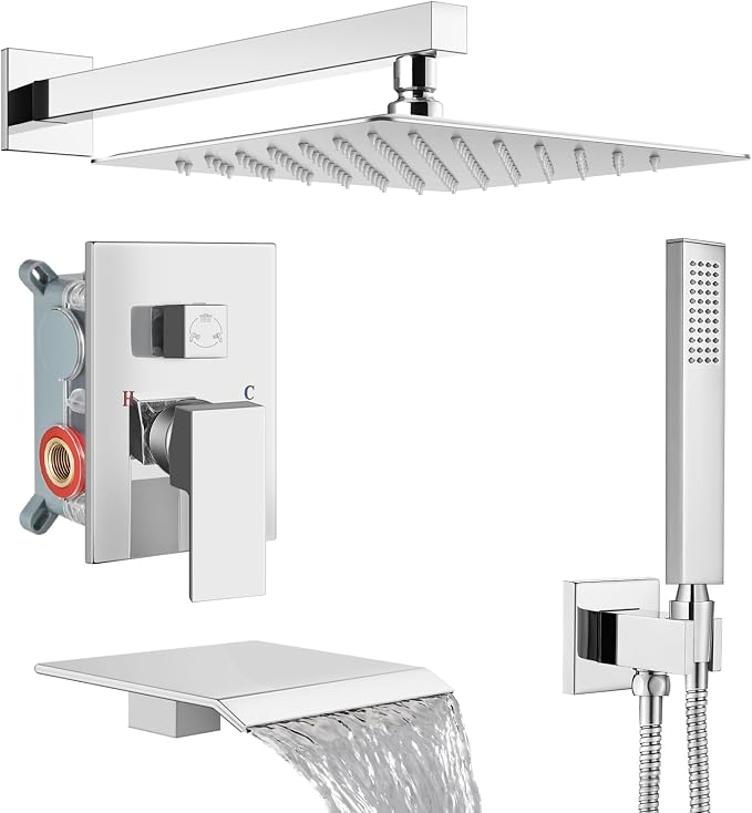 Midanya Shower System with Tub Spout,10 Inch Shower Head,Polish Chrome | with Valve & Trim Kit,Square Rain Head,Handheld Sprayer,Waterfall Spout,All Metal Wall Mount Bathroom Shower Tub Faucet Set