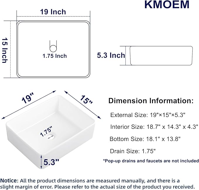 Vessel Sink 19"x15" Rectangular Bathroom Sink Modern White Porcelain Ceramic Above Counter Drop-in Vanity Sink for Bathrooms Art Basin