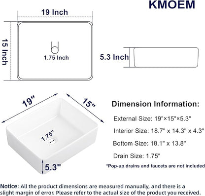 Vessel Sink 19"x15" Rectangular Bathroom Sink Modern White Porcelain Ceramic Above Counter Drop-in Vanity Sink for Bathrooms Art Basin