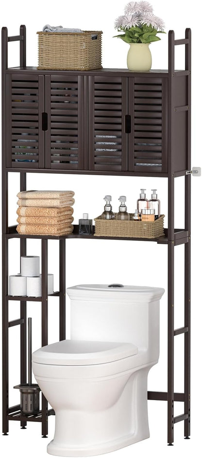Over The Toilet Storage Cabinet: Bamboo Bathroom Organizer with Paper Holder Stand - Toilet Shelf No-Drill Installation Waterproof Feet - Left/Right Side Mount Space Saver Rack