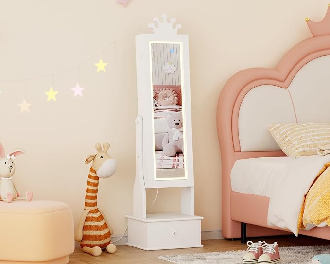 GarveeHome Kids Jewelry Armoire,Child Jewelry Cabinet with Light,Freestanding Jewelry Organizer with Full Length Mirror,3 Storage Drawer,Kids Vanity Dress Up Mirror Jewelry Cabinet for Girls(White)