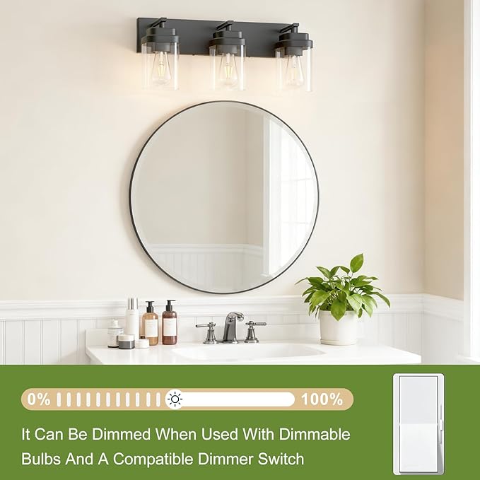 Black Bathroom Light Fixtures, 3 Lights Bathroom Lighting Fixtures Over Mirror, Square Design & Rectangle Large Backplate, Modern Vanity Lighting Fixtures, for Bathroom/Living Room/Bedroom