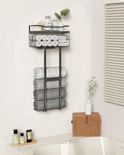 Aetyord Towel Racks for Bathroom 31inch Wall Mounted Towel Rack,Floating Shelf with Wood Plank,Towel Storage for Bathroom can Holds 6 Large Rolled Towels,All Black