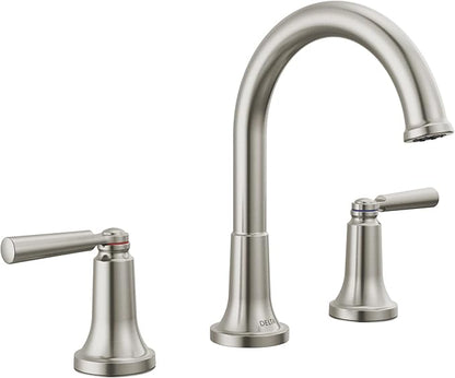 Delta Saylor Brushed Nickel Bathroom Faucet 3 Hole, 8 Inch Widespread Bathroom Sink Faucet for Vanity, Metal Push-Pop Drain Assembly, Stainless 3535-SSMPU-DST