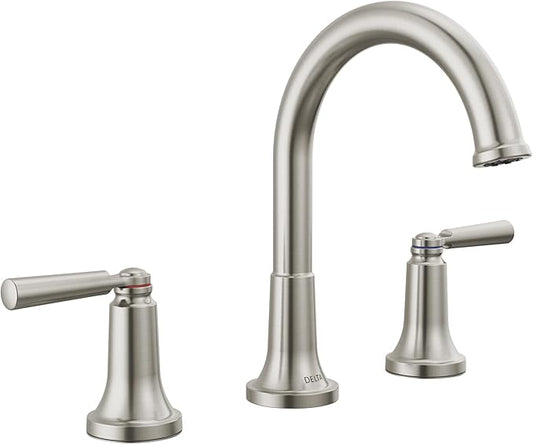 Delta Saylor Brushed Nickel Bathroom Faucet 3 Hole, 8 Inch Widespread Bathroom Sink Faucet for Vanity, Metal Push-Pop Drain Assembly, Stainless 3535-SSMPU-DST