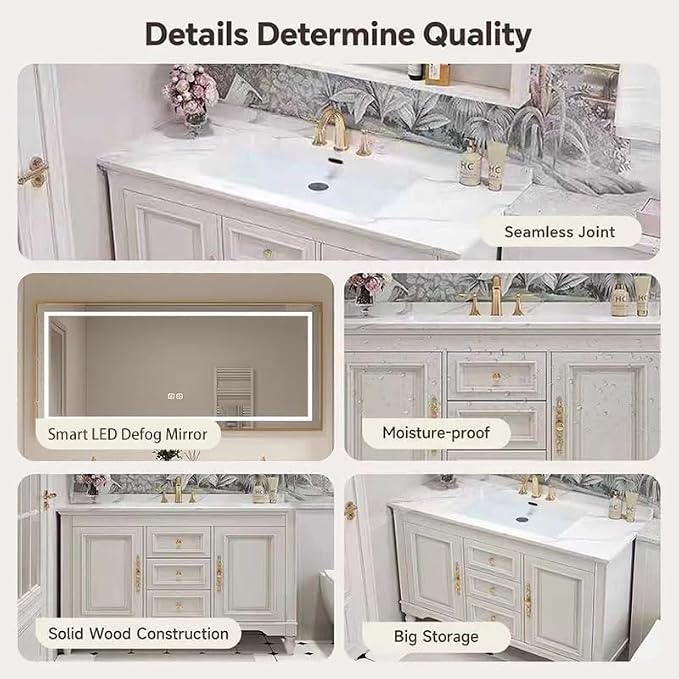 American Minimalist Bathroom Vanity with Sink Mirror 36-92IN, Premium Solid Wood Vanity with LED Lighting& Defogging