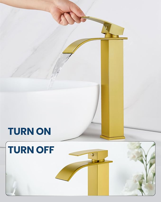 Airuida Brushed Gold Tall Waterfall Bathroom Vessel Sink Faucet Modern Bathroom Vanity Faucet Single Handle Single Hole Farmhouse Bar Mixer Tap Washbasin Faucet Deck Mount