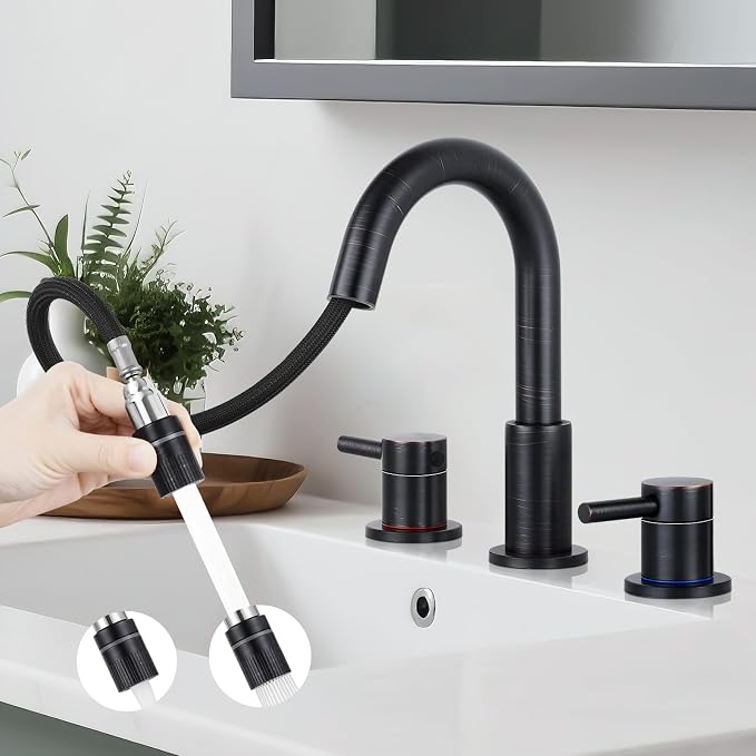 8 Inch Bathroom Faucet 3 Hole ORB Pull Down Bathroom Sink Faucet | Stainless Steel,Pull Down Sprayer,Oil Rubbed Bronze ,3 hole Widespread,Pop-up Drain,Water Supply Hoses,Two Water Flow Modes