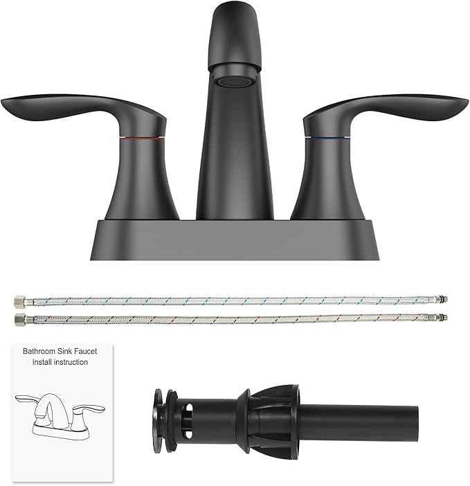 Bathroom Faucet, 4 Inch Bathroom Faucets for Sink 3 Hole, Centerset Bathroom Sink Faucet with Pop Up Drain and cUPC Lead-Free Hose(Matte Black)