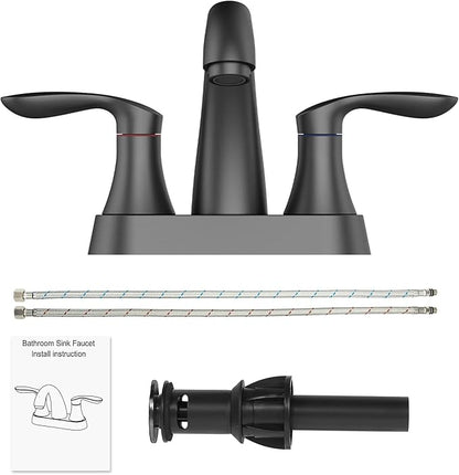 Bathroom Faucet, 4 Inch Bathroom Faucets for Sink 3 Hole, Centerset Bathroom Sink Faucet with Pop Up Drain and cUPC Lead-Free Hose(Matte Black)