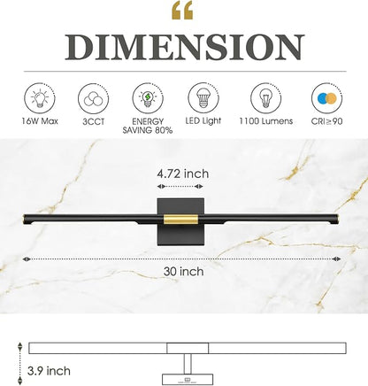 30 Inch Bathroom Light Fixtures, 16W 3CCT Dimmable Black and Gold LED Vanity Lighting Fixtures Over Mirror, 360?Rotatable Modern Bathroom Vanity Light Bar, AD-W9465-L75-BK
