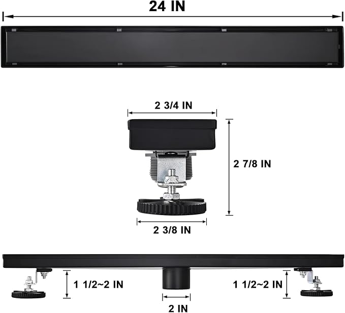 Linear Shower Floor Drain, Black 24 Inch 304 Stainless Steel Bathroom Drains Kit, Rectangular Shower Trench Drain with Reversable Tile-in Pattern Drain Cover & Hair Catcher