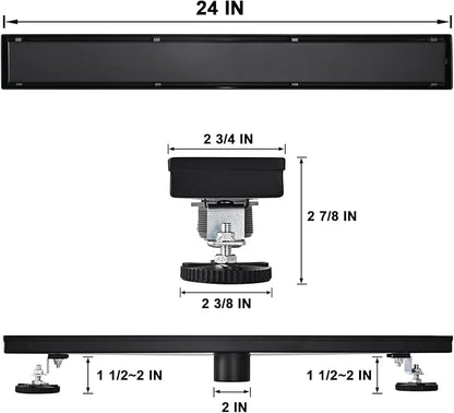 Linear Shower Floor Drain, Black 24 Inch 304 Stainless Steel Bathroom Drains Kit, Rectangular Shower Trench Drain with Reversable Tile-in Pattern Drain Cover & Hair Catcher