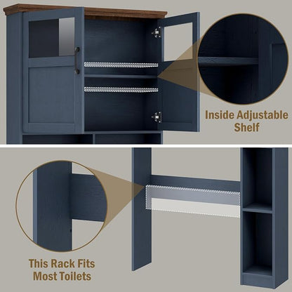 Vabches Over The Toilet Storage Cabinet with Doors & Paper Holder, Blue | Vabches Freestanding Toilet Shelf Space Saver with Anti-Tip Design & Adjustable Shelf or Restroom, Bathroom, Laundry