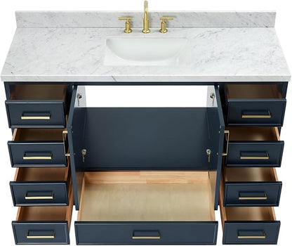 DKB Langford 54-inch Midnight Blue Bathroom Vanity with Center Rectangle Single Sink, Italian Carrara Marble Countertop & Backsplash, Solid Wood Frame, Soft-Closing & Dovetail Drawers